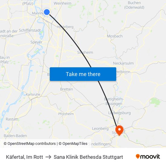 Käfertal, Im Rott to Sana Klinik Bethesda Stuttgart map