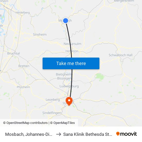 Mosbach, Johannes-Diakonie to Sana Klinik Bethesda Stuttgart map