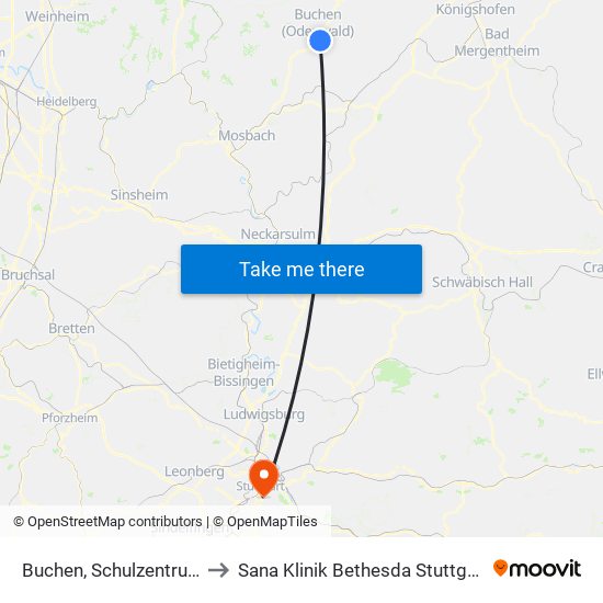 Buchen, Schulzentrum to Sana Klinik Bethesda Stuttgart map