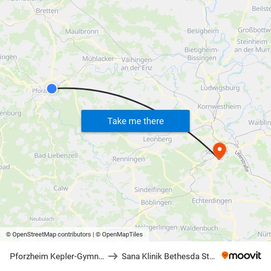 Pforzheim Kepler-Gymnasium to Sana Klinik Bethesda Stuttgart map