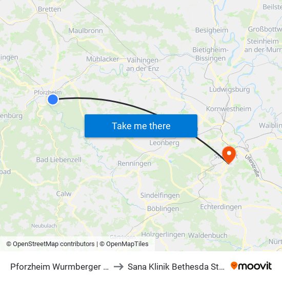Pforzheim Wurmberger Straße to Sana Klinik Bethesda Stuttgart map