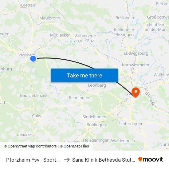 Pforzheim Fsv - Sportplatz to Sana Klinik Bethesda Stuttgart map