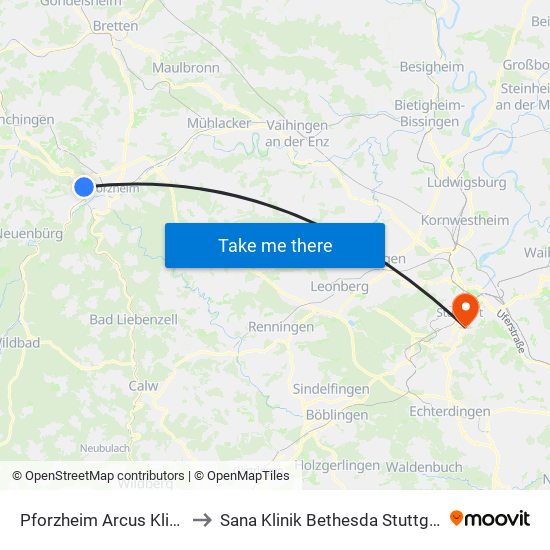 Pforzheim Arcus Klinik to Sana Klinik Bethesda Stuttgart map