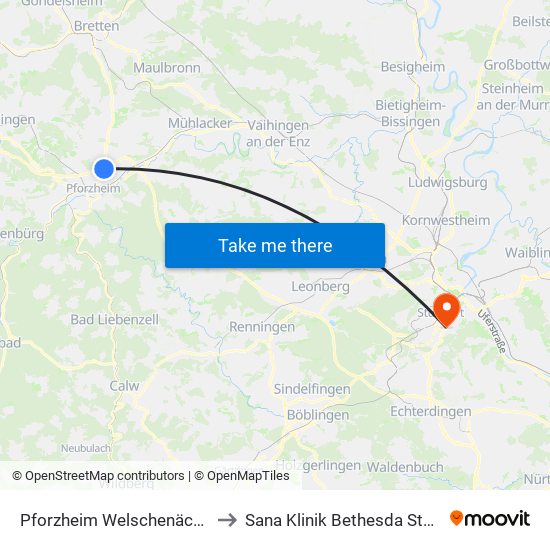 Pforzheim Welschenäckerstr. to Sana Klinik Bethesda Stuttgart map