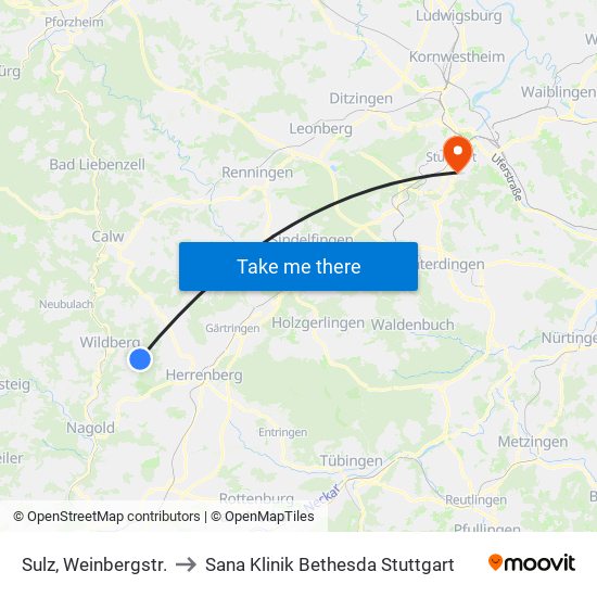 Sulz, Weinbergstr. to Sana Klinik Bethesda Stuttgart map