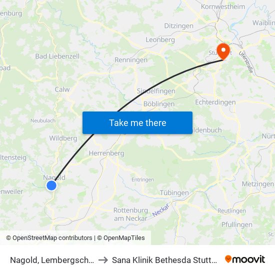 Nagold, Lembergschule to Sana Klinik Bethesda Stuttgart map