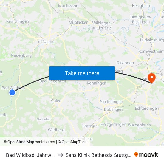 Bad Wildbad, Jahnweg to Sana Klinik Bethesda Stuttgart map