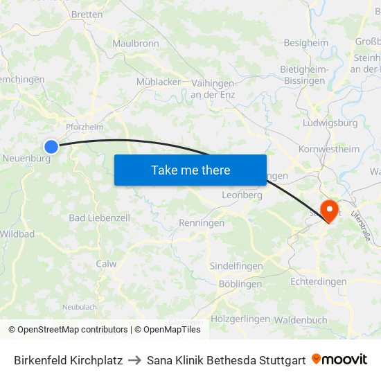 Birkenfeld Kirchplatz to Sana Klinik Bethesda Stuttgart map