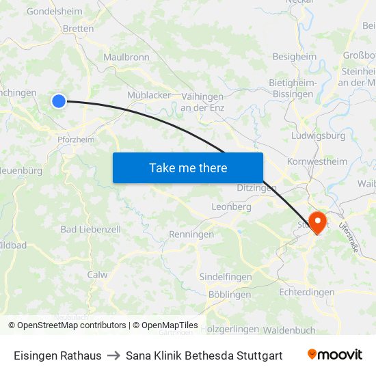 Eisingen Rathaus to Sana Klinik Bethesda Stuttgart map