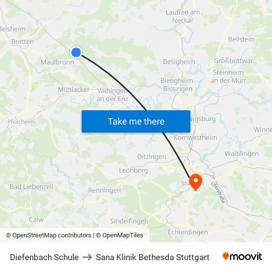 Diefenbach Schule to Sana Klinik Bethesda Stuttgart map