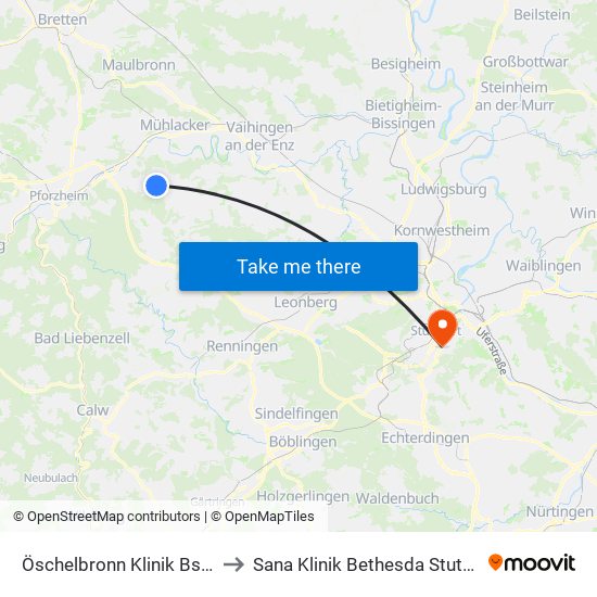 Öschelbronn Klinik Bstg 3 to Sana Klinik Bethesda Stuttgart map