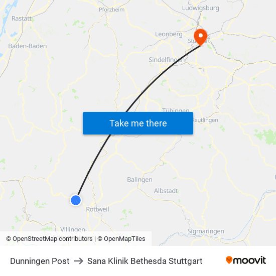 Dunningen Post to Sana Klinik Bethesda Stuttgart map