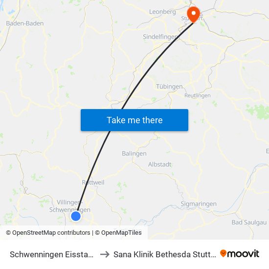 Schwenningen Eisstadion to Sana Klinik Bethesda Stuttgart map