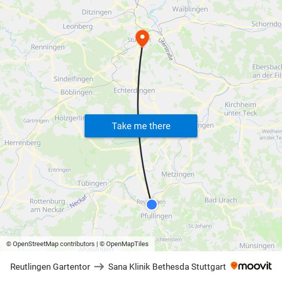 Reutlingen Gartentor to Sana Klinik Bethesda Stuttgart map