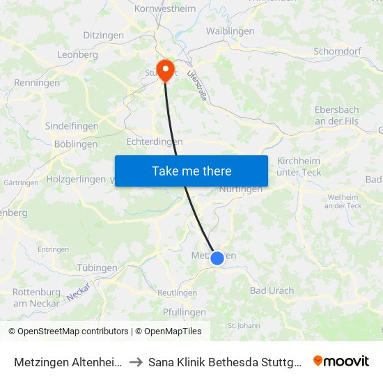 Metzingen Altenheim to Sana Klinik Bethesda Stuttgart map