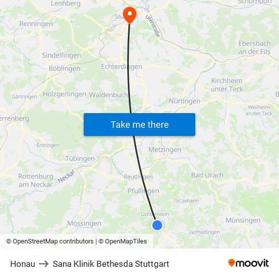 Honau to Sana Klinik Bethesda Stuttgart map