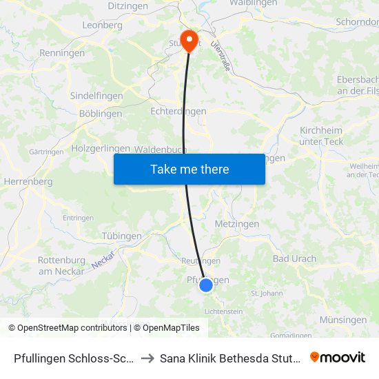 Pfullingen Schloss-Schule to Sana Klinik Bethesda Stuttgart map