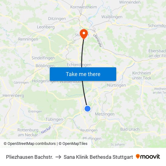 Pliezhausen Bachstr. to Sana Klinik Bethesda Stuttgart map
