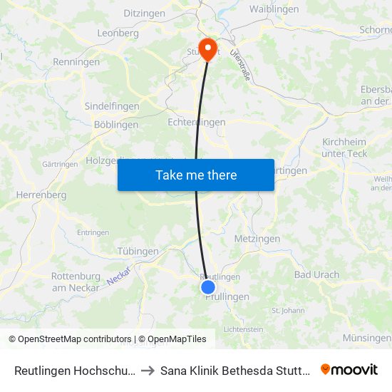 Reutlingen Hochschulen to Sana Klinik Bethesda Stuttgart map