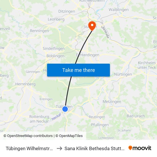 Tübingen Wilhelmstraße to Sana Klinik Bethesda Stuttgart map