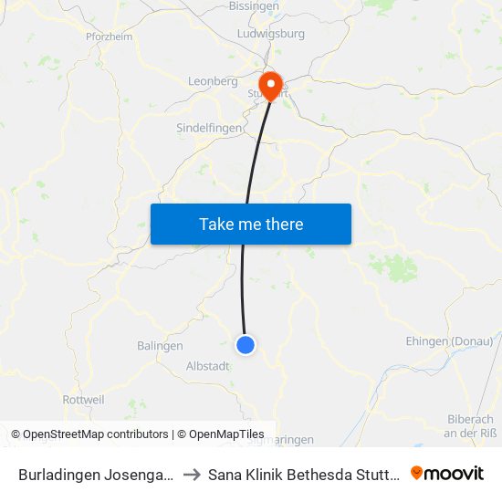 Burladingen Josengasse to Sana Klinik Bethesda Stuttgart map