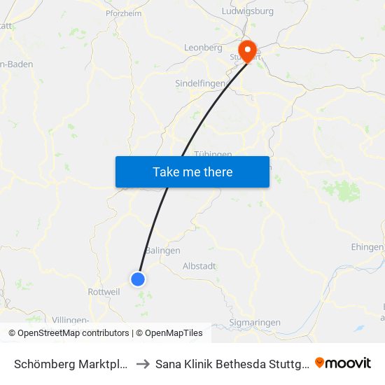 Schömberg Marktplatz to Sana Klinik Bethesda Stuttgart map