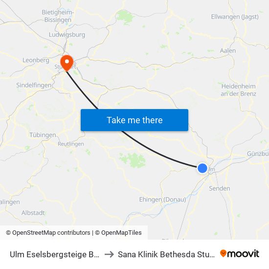 Ulm Eselsbergsteige Bstg A to Sana Klinik Bethesda Stuttgart map