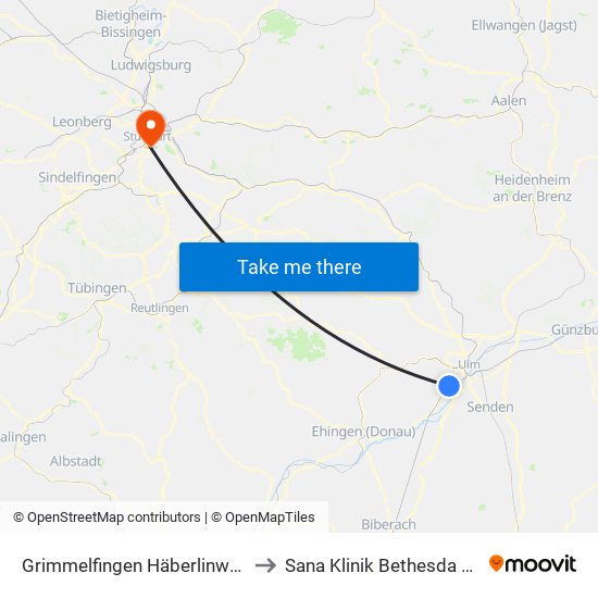 Grimmelfingen Häberlinweg Bstg A to Sana Klinik Bethesda Stuttgart map