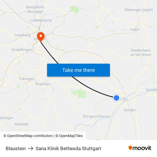 Blaustein to Sana Klinik Bethesda Stuttgart map