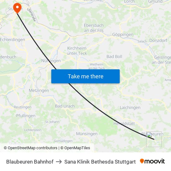 Blaubeuren Bahnhof to Sana Klinik Bethesda Stuttgart map