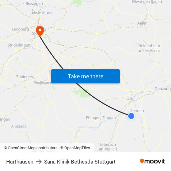 Harthausen to Sana Klinik Bethesda Stuttgart map