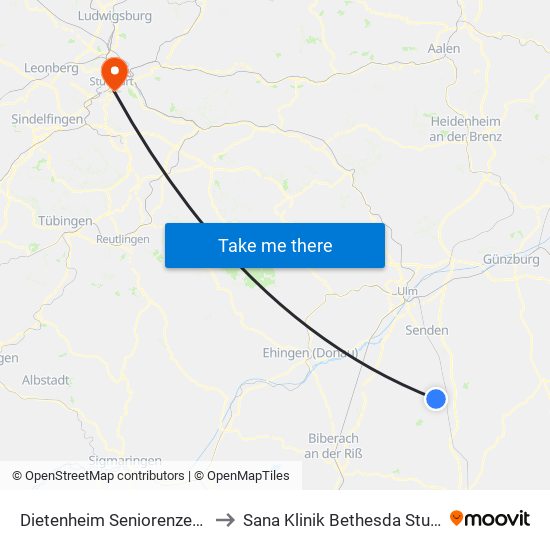 Dietenheim Seniorenzentrum to Sana Klinik Bethesda Stuttgart map