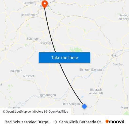 Bad Schussenried Bürgerstüble to Sana Klinik Bethesda Stuttgart map