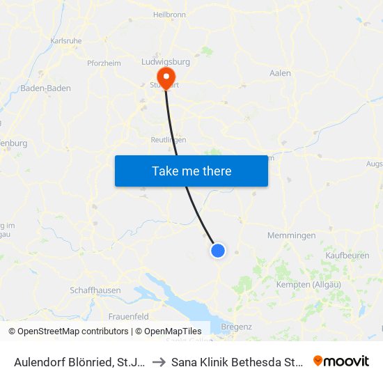 Aulendorf Blönried, St.Johann to Sana Klinik Bethesda Stuttgart map