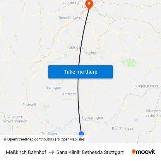 Meßkirch Bahnhof to Sana Klinik Bethesda Stuttgart map
