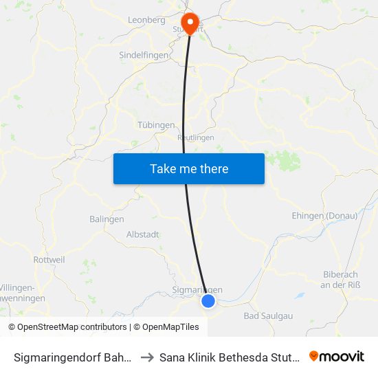 Sigmaringendorf Bahnhof to Sana Klinik Bethesda Stuttgart map