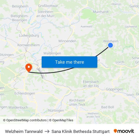 Welzheim Tannwald to Sana Klinik Bethesda Stuttgart map