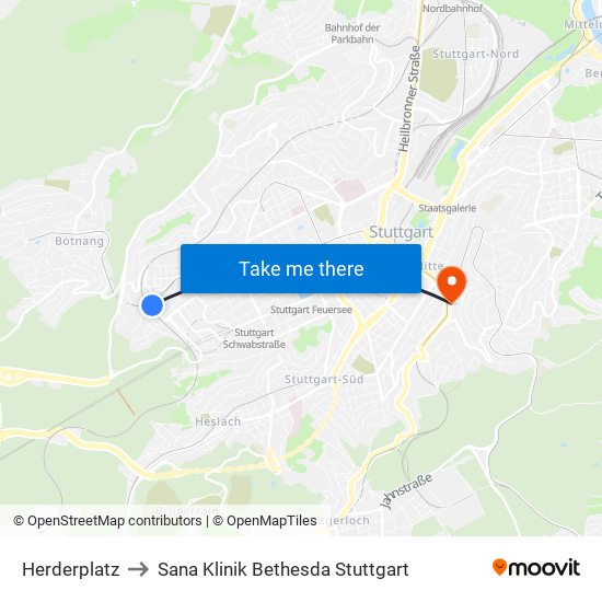 Herderplatz to Sana Klinik Bethesda Stuttgart map
