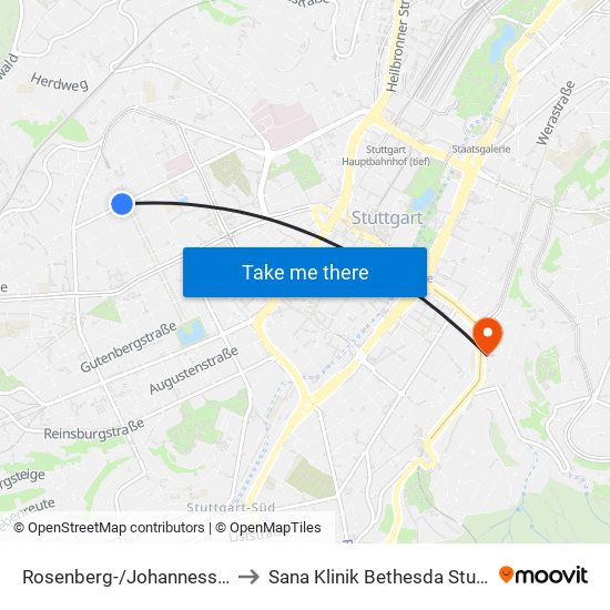 Rosenberg-/Johannesstraße to Sana Klinik Bethesda Stuttgart map