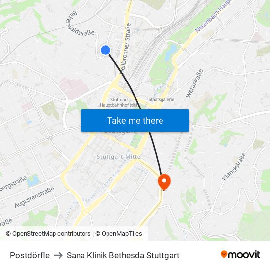 Postdörfle to Sana Klinik Bethesda Stuttgart map