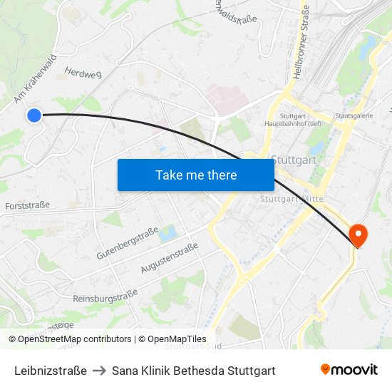 Leibnizstraße to Sana Klinik Bethesda Stuttgart map