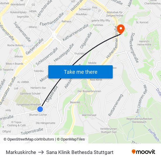 Markuskirche to Sana Klinik Bethesda Stuttgart map