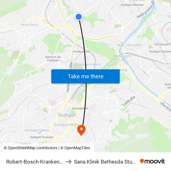 Robert-Bosch-Krankenhaus to Sana Klinik Bethesda Stuttgart map