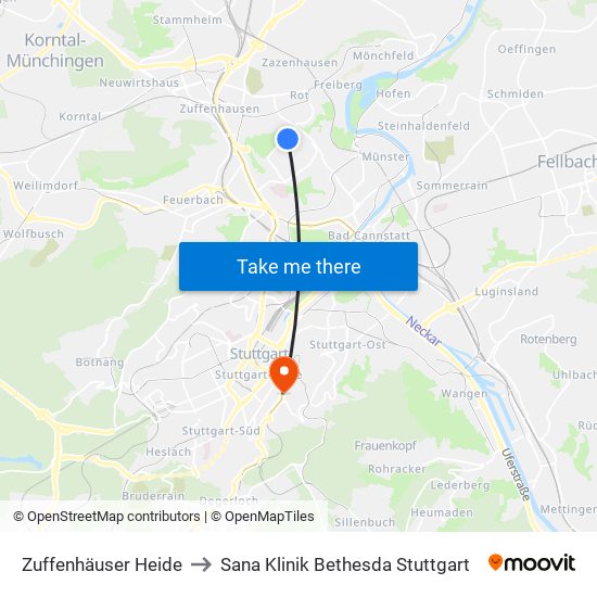 Zuffenhäuser Heide to Sana Klinik Bethesda Stuttgart map