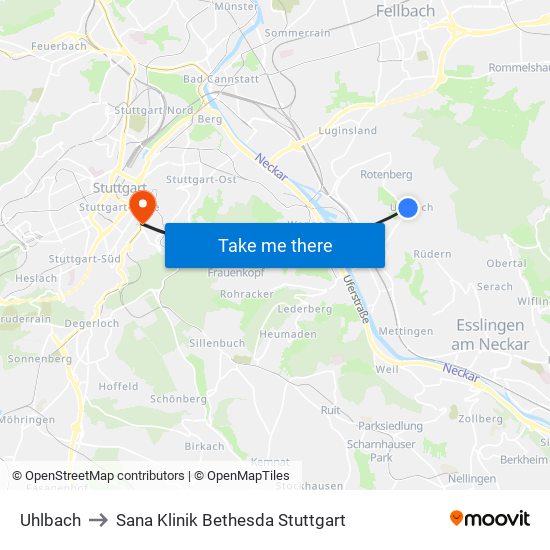 Uhlbach to Sana Klinik Bethesda Stuttgart map