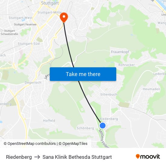 Riedenberg to Sana Klinik Bethesda Stuttgart map