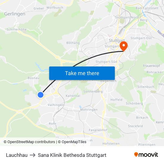 Lauchhau to Sana Klinik Bethesda Stuttgart map