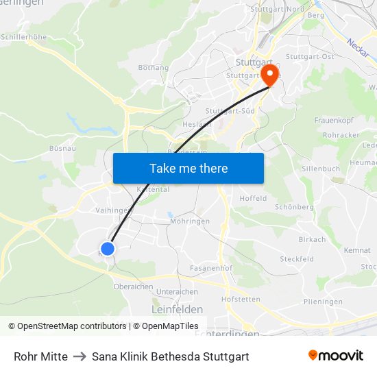 Rohr Mitte to Sana Klinik Bethesda Stuttgart map