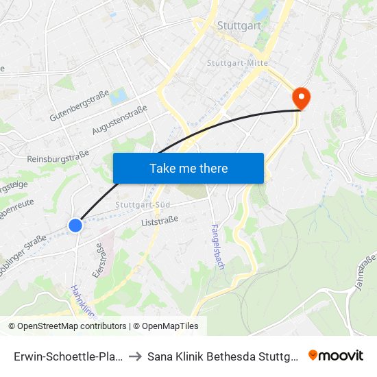 Erwin-Schoettle-Platz to Sana Klinik Bethesda Stuttgart map