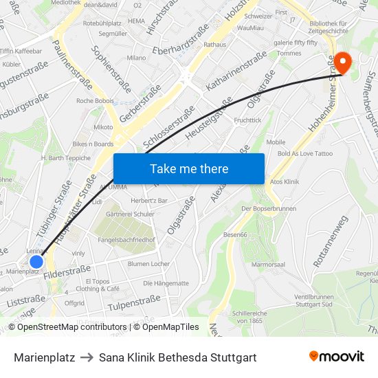 Marienplatz to Sana Klinik Bethesda Stuttgart map